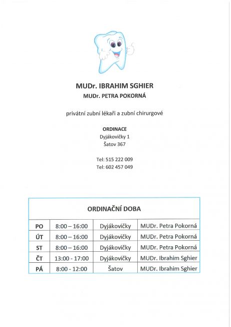 Ordinační doby - zubní ordinace