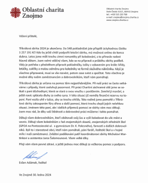 Poděkování ředitele Oblastní Charity Znojmo